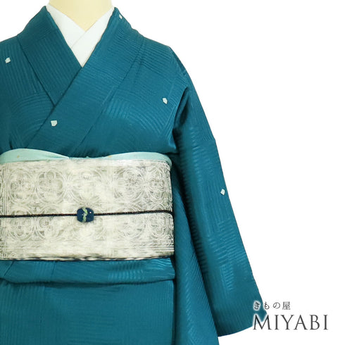 小紋 リサイクル 身丈154.2cm 裄62cm 袷 デザイン模様 地紋 グリーン Sサイズ お洒落 正絹 広衿 Sランク