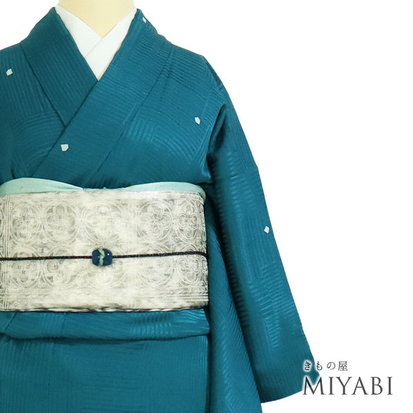 小紋 リサイクル 身丈154.2cm 裄62cm 袷 デザイン模様 地紋 グリーン Sサイズ お洒落 正絹 広衿 Sランク