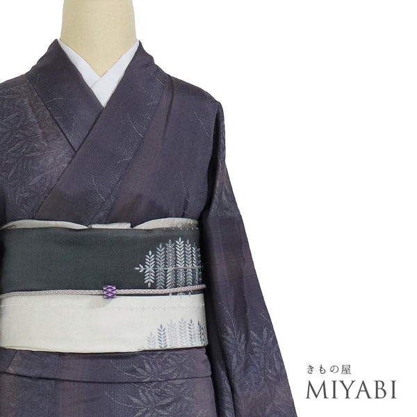 紬 リサイクル 身丈166.8cm 裄66.8cm 袷 縞に草花模様 パープル LLサイズ カジュアル お洒落 正絹 広衿 Sランク