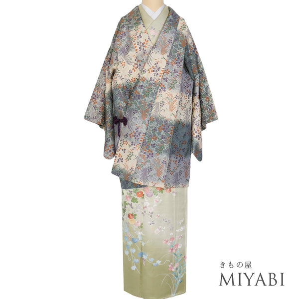 道中着 リサイクル 身丈88.7cm 裄65.2cm 袷 能衣装 籠目に草花柄 多色 Mサイズ お洒落 正絹 Sランク