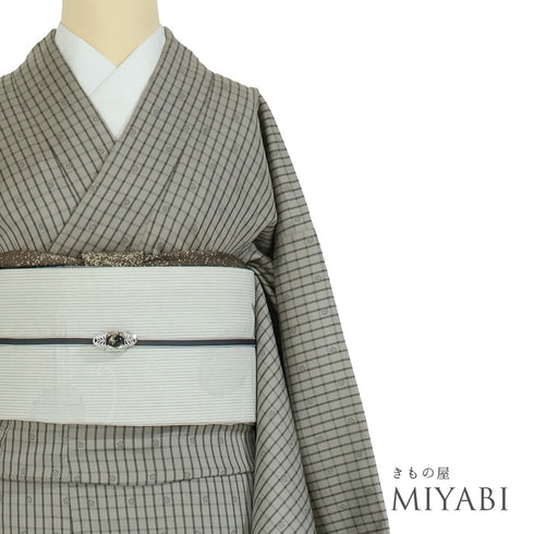 紬 リサイクル 身丈165cm 裄65cm 袷 お召 格子に小花柄 グレー Lサイズ お洒落 カジュアル 正絹 広衿 Sランク