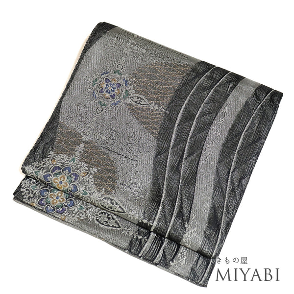 袋帯 リサイクル 帯丈440cm 六通 華紋 波線 シルバー Mサイズ 不明 Sランク お洒落