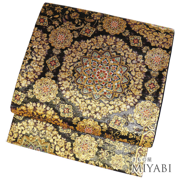 袋帯 リサイクル 帯丈428cm 六通 華文柄 ブラック Sサイズ 正絹 新品・未使用品 フォーマル