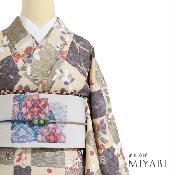 小紋 リサイクル 身丈163cm 裄62.4cm 袷 石畳に辻が花風模様 箔 多色 Lサイズ お洒落 カジュアル 正絹 広衿 Sランク