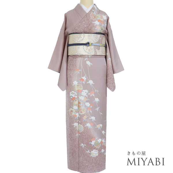 訪問着 リサイクル 身丈153cm 裄62.6cm 袷 雪輪に花柄 地紋 金駒刺繍 パープル Sサイズ セミフォーマル 一つ紋 正絹 広衿 Sランク