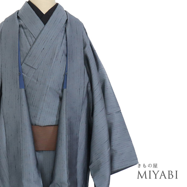 アンサンブル 男物 リサイクル 身丈143cm 裄76.4cm 羽織丈93cm 袷 紬 ゆったり ブルー Sサイズ お洒落 カジュアル 正絹 棒衿 Sランク