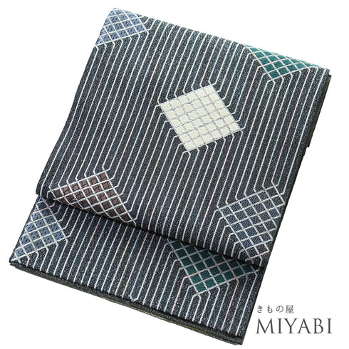 袋帯 リサイクル 帯丈428cm 六通 たて縞に菱型模様 美ロード グレー Sサイズ 正絹 Sランク お洒落