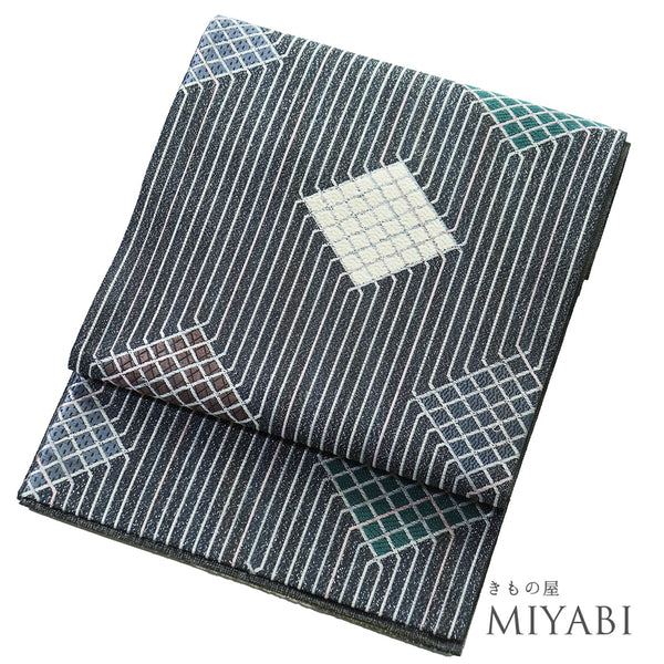 袋帯 リサイクル 帯丈428cm 六通 たて縞に菱型模様 美ロード グレー Sサイズ 正絹 Sランク お洒落