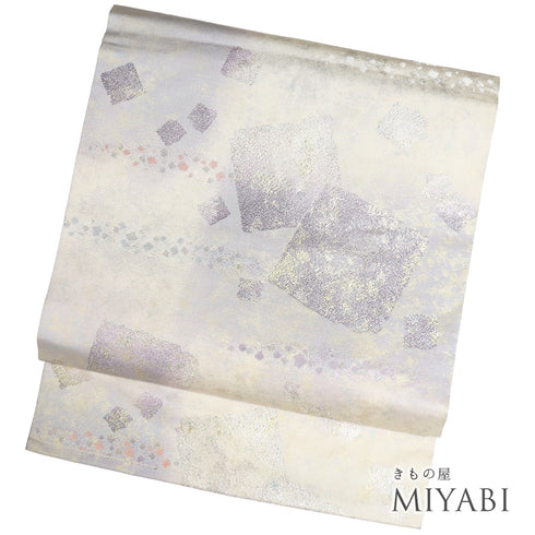 名古屋帯 リサイクル 帯丈360cm 六通 幾何学模様 ぼかし ベージュ Mサイズ 正絹 Sランク カジュアル お洒落