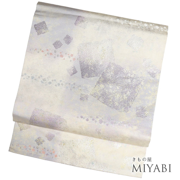 名古屋帯 リサイクル 帯丈360cm 六通 幾何学模様 ぼかし ベージュ Mサイズ 正絹 Sランク カジュアル お洒落