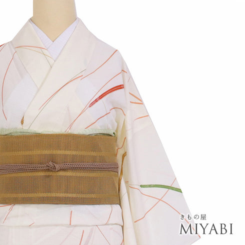 小紋 リサイクル 夏着物 身丈159.5cm 裄63.4cm 絽 稲穂柄 アイボリー Mサイズ カジュアル 不明 広衿 Sランク