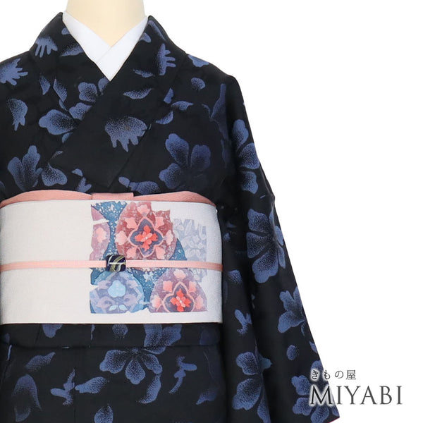 小紋 リサイクル 身丈154.5cm 裄63.6cm 袷 アンティーク お召 花柄 地紋 ネイビー Sサイズ お洒落 カジュアル 正絹 広衿 Aランク