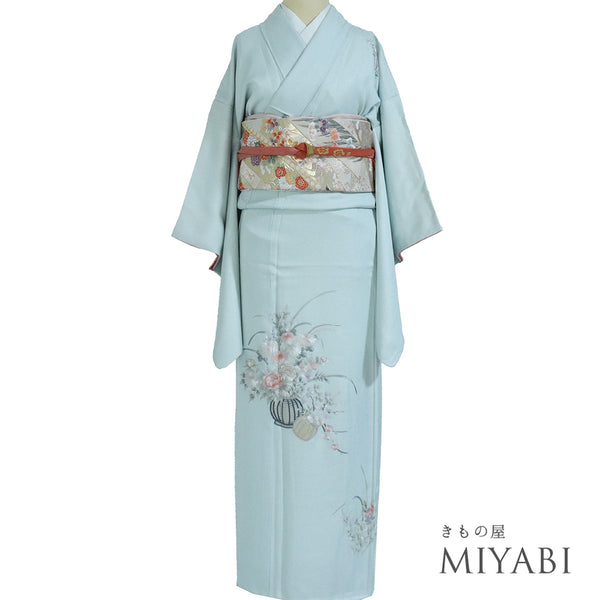 付下げ リサイクル 身丈160.8cm 裄62.4cm 袷 花籠柄 ブルー Lサイズ セミフォーマル 落款 正絹 広衿 Aランク