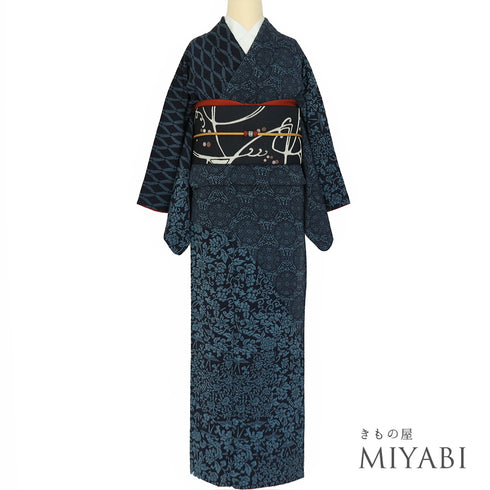 付下げ リサイクル 身丈160.8cm 裄64cm 袷 更紗柄 ネイビー Lサイズ お洒落 正絹 広衿 Sランク