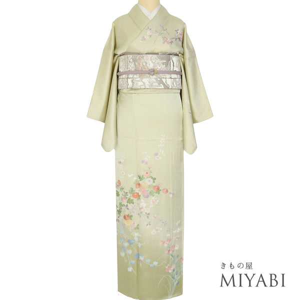 付下げ リサイクル 身丈156.7cm 裄63.6cm 袷 四季花柄 相良刺繍 グリーン Mサイズ セミフォーマル お洒落 正絹 広衿 Aランク