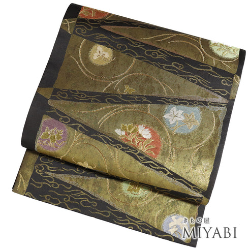 袋帯 リサイクル 帯丈438cm 六通 古代裂段文 ゴールド Mサイズ 正絹 新品・未使用品 フォーマル セミフォーマル