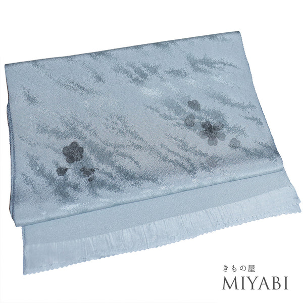 帯揚げ リサイクル お洒落 ちりめん 正絹 ブルー 梅や桜柄 地紋 未使用品 AG-1282