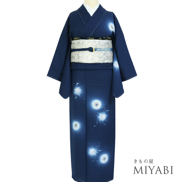 訪問着 リサイクル 身丈148cm 裄62.2cm 袷 デザイン花柄 地紋 京・綾小路 あうん坊 ネイビー SSサイズ お洒落 正絹 広衿 Sランク