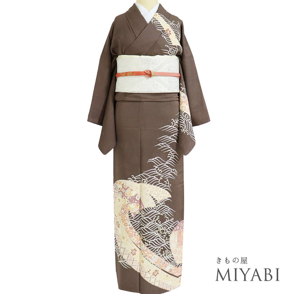 訪問着 リサイクル 身丈161.8cm 裄65.4cm 袷 波柄 ゆったりサイズ ブラウン Lサイズ セミフォーマル 一つ紋 正絹 広衿 Aランク