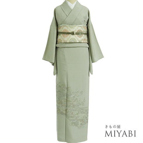 訪問着 リサイクル 身丈158.5cm 裄65.8cm 袷 風景柄 草花 汕頭刺繍 グリーン Mサイズ お洒落 セミフォーマル 正絹 広衿 Sランク
