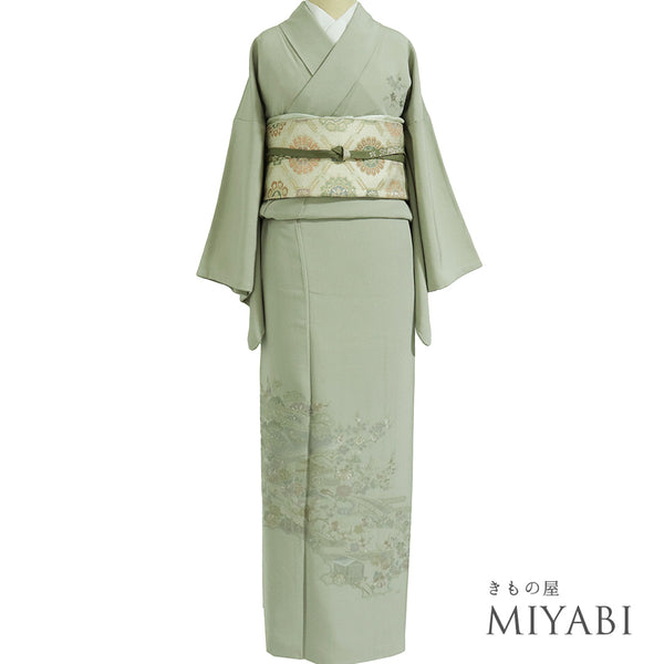 訪問着 リサイクル 身丈158.5cm 裄65.8cm 袷 風景柄 草花 汕頭刺繍 グリーン Mサイズ お洒落 セミフォーマル 正絹 広衿 Sランク