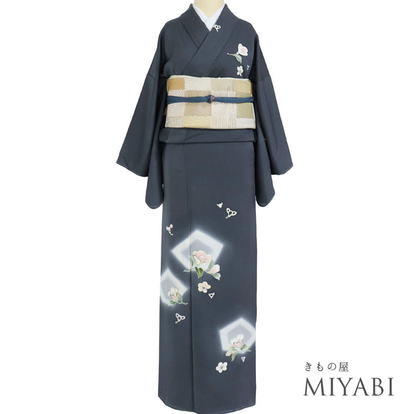 訪問着 リサイクル 身丈164.5cm 裄66.4cm 袷 金駒刺繍 花柄 グレー Lサイズ お洒落 しつけ糸 正絹 広衿 Sランク