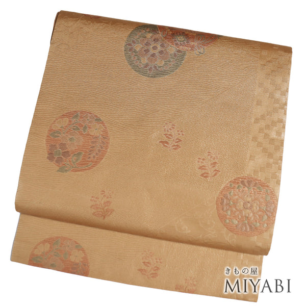 名古屋帯 リサイクル 帯丈352.5cm 六通 丸に鳥や華文柄 ブラウン Sサイズ 正絹 Sランク お洒落