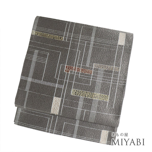 袋帯 リサイクル 帯丈434cm 六通 幾何学模様 ブラウン Sサイズ 正絹 Sランク お洒落