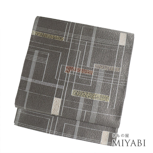 袋帯 リサイクル 帯丈434cm 六通 幾何学模様 ブラウン Sサイズ 正絹 Sランク お洒落