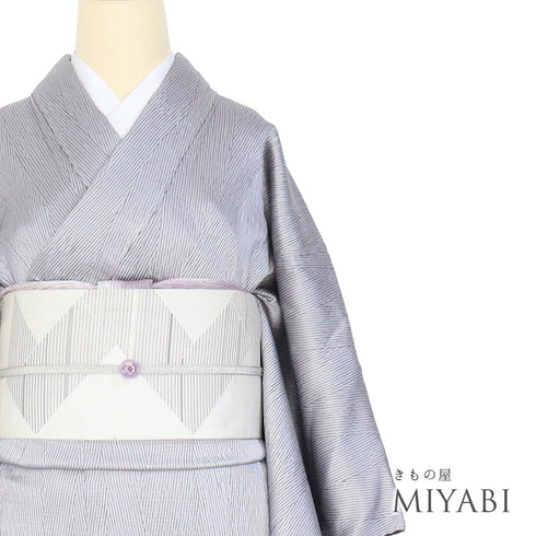 小紋 リサイクル 身丈158cm 裄63.8cm 袷 幾何学柄 縦枠柄 絞り パープル Mサイズ お洒落 しつけ糸 正絹 広衿 Aランク