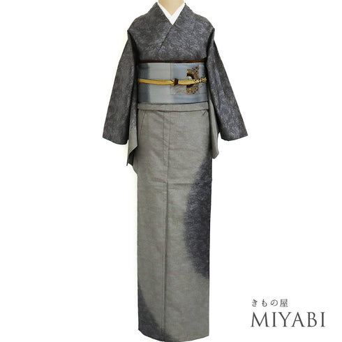 付下げ リサイクル 身丈158.8cm 裄65.2cm 袷 大島紬 草花柄 グレー Mサイズ お洒落 正絹 広衿 Sランク