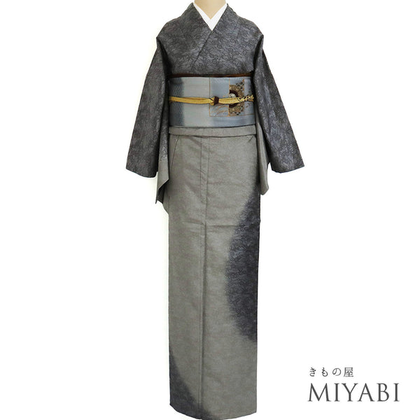 付下げ リサイクル 身丈158.8cm 裄65.2cm 袷 大島紬 草花柄 グレー Mサイズ お洒落 正絹 広衿 Sランク