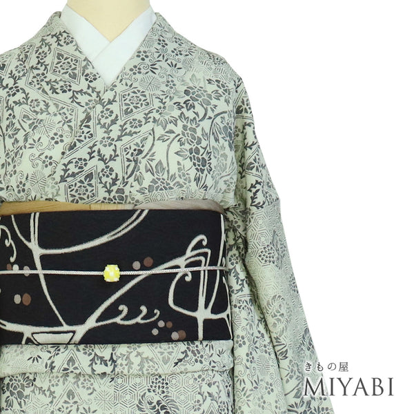 小紋 リサイクル 身丈161cm 裄65.4cm 袷 裂取り柄 グリーン Lサイズ お洒落 カジュアル 正絹 広衿 Sランク