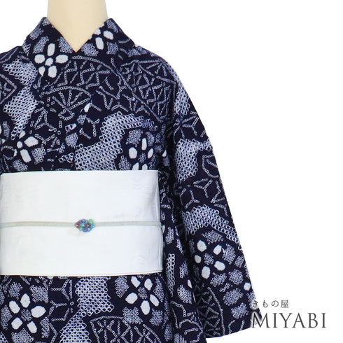 浴衣 リサイクル 夏着物 身丈150cm 裄60.5cm 夏物 絞り 扇子や花柄 ネイビー SSサイズ カジュアル 木綿 洗える着物 バチ衿 Sランク