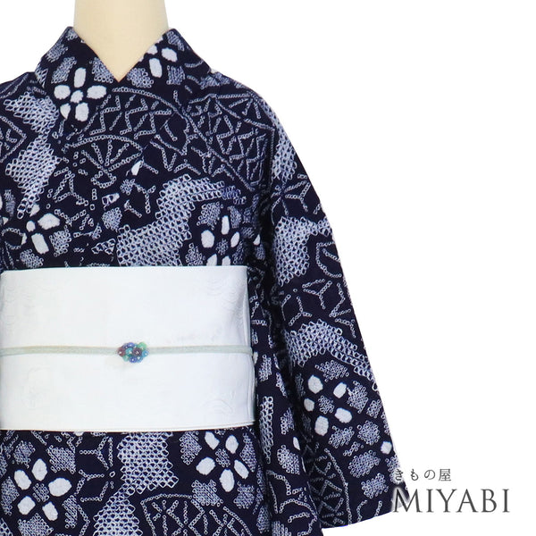 浴衣 リサイクル 夏着物 身丈150cm 裄60.5cm 夏物 絞り 扇子や花柄 ネイビー SSサイズ カジュアル 木綿 洗える着物 バチ衿 Sランク