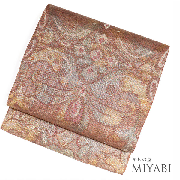 袋帯 リサイクル 帯丈432cm 六通 幾何学柄 ブラウン Sサイズ 正絹 新品・未使用品ランク お洒落