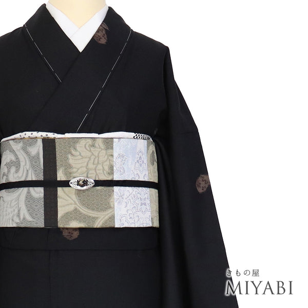 紬 リサイクル 身丈168.5cm 裄66.6cm 袷 茄柄 ブラック LLサイズ お洒落 カジュアル しつけ糸 正絹 広衿 未使用品