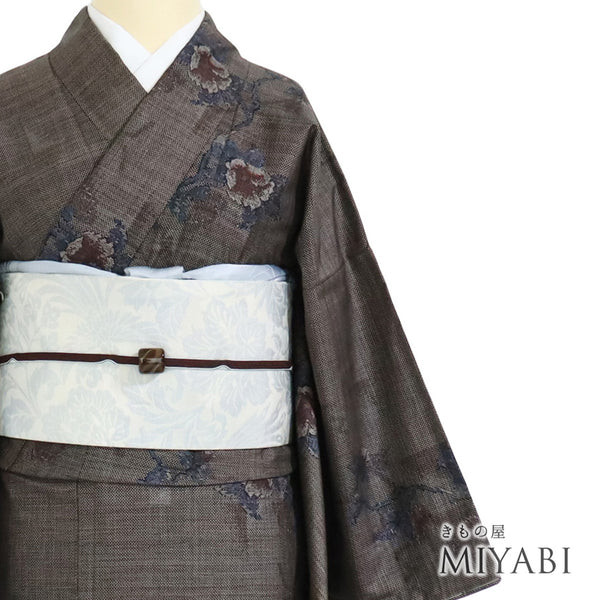 紬 リサイクル 身丈167cm 裄66.2cm 袷 花に枝模様 ブラウン LLサイズ お洒落 カジュアル しつけ糸 正絹 広衿 Sランク