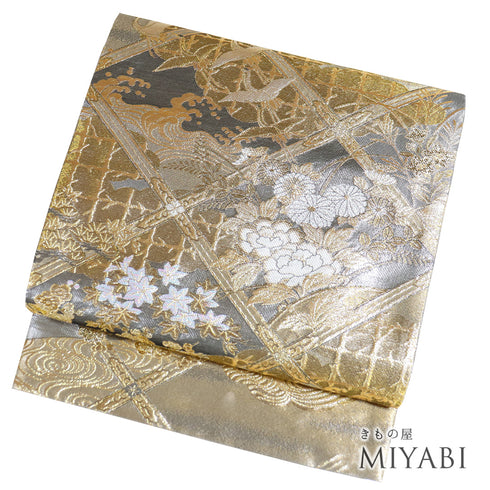 袋帯 リサイクル 帯丈434cm 六通 花柄 松や鶴柄 波や流水柄 ゴールド Sサイズ 正絹 Sランク フォーマル