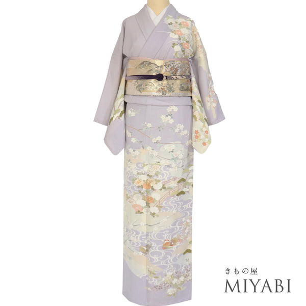 訪問着 リサイクル 身丈156.7cm 裄64.6cm 袷 おしどりに菊や桜柄 金駒刺繍 箔 パープル Mサイズ セミフォーマル 正絹 広衿 Sランク