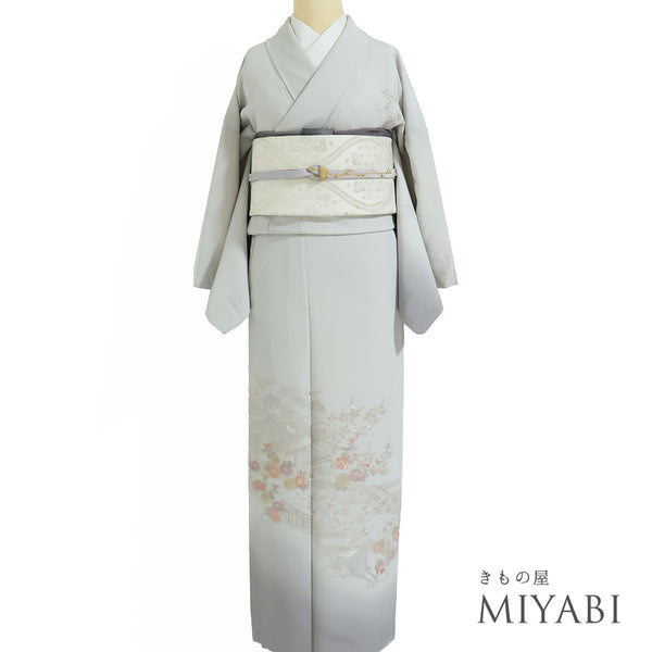 訪問着 リサイクル 身丈158.5cm 裄65.4cm 袷 風景に御所車柄 刺繍 パールトーン加工 グレー Mサイズ セミフォーマル お洒落 正絹 広衿 Bランク