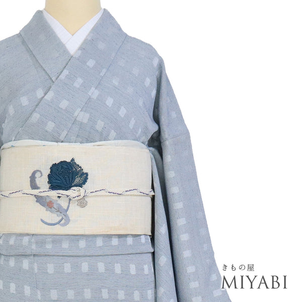 小紋 リサイクル 身丈166cm 裄66cm 単衣 阿波藍 地紋 ブルー LLサイズ お洒落 カジュアル 正絹 広衿 Sランク