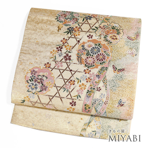 袋帯 リサイクル 帯丈440cm 六通 雪輪献上文様 華長寿祝絵図 証紙2365 ゴールド Mサイズ 正絹 Sランク フォーマル セミフォーマル