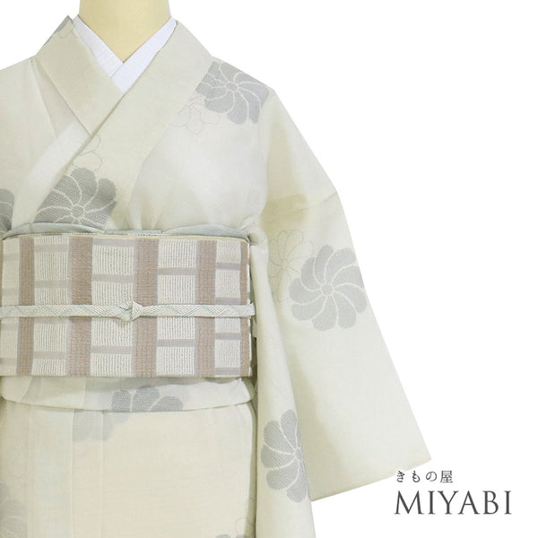 紬 リサイクル 夏着物 身丈161.5cm 裄65.6cm 夏物 ねじり菊柄 薄物 ベージュ Lサイズ お洒落 不明 広衿 Aランク