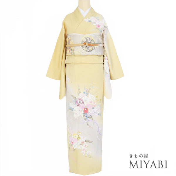 訪問着 リサイクル 身丈170.7cm 裄68cm 袷 花束 刺繍 箔 イエロー LLサイズ お洒落 セミフォーマル 正絹 広衿 Sランク