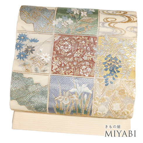 袋帯 リサイクル 帯丈460cm ポイント柄 格子絵柄 夏物 ベージュ LLサイズ 混合 新品・未使用品 フォーマル セミフォーマル