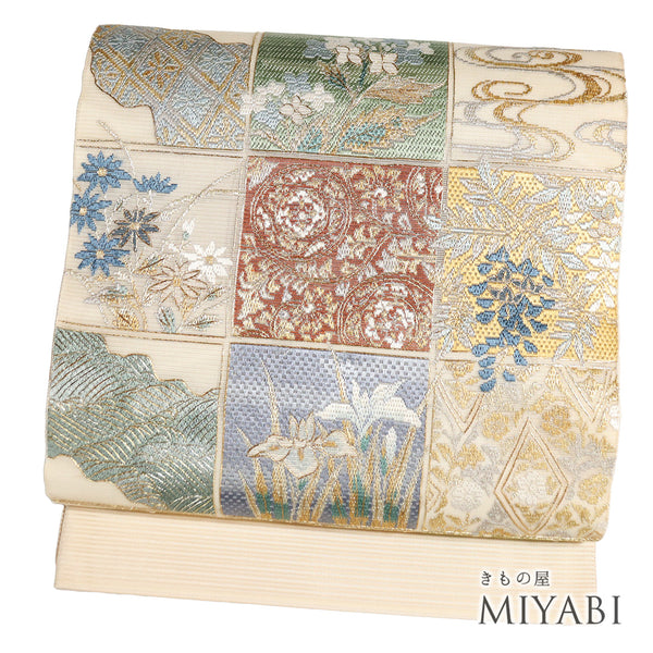 袋帯 リサイクル 帯丈460cm ポイント柄 格子絵柄 夏物 ベージュ LLサイズ 混合 新品・未使用品 フォーマル セミフォーマル