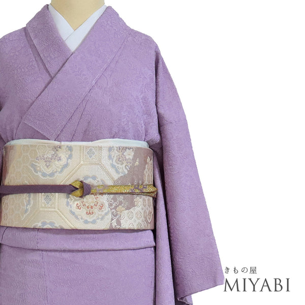 色無地 リサイクル 身丈157.5cm 裄64.8cm 袷 藤の花柄 辻ヶ花風柄 パープル Mサイズ お洒落 しつけ糸 正絹 広衿 地紋あり Sランク