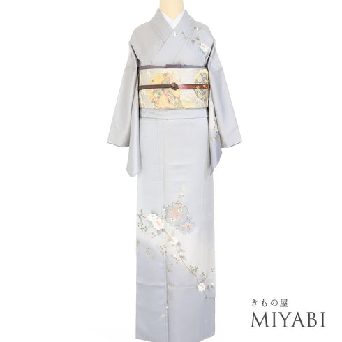 付下げ リサイクル 身丈166.2cm 裄65.6cm 袷 雪輪柄 花柄 部分刺繍 箔加工 グレー LLサイズ セミフォーマル お洒落 正絹 広衿 Sランク