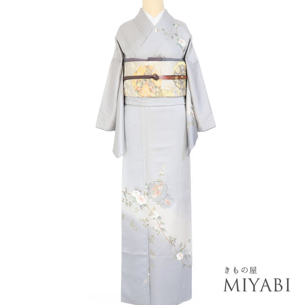 付下げ リサイクル 身丈166.2cm 裄65.6cm 袷 雪輪柄 花柄 部分刺繍 箔加工 グレー LLサイズ セミフォーマル お洒落 正絹 広衿 Sランク